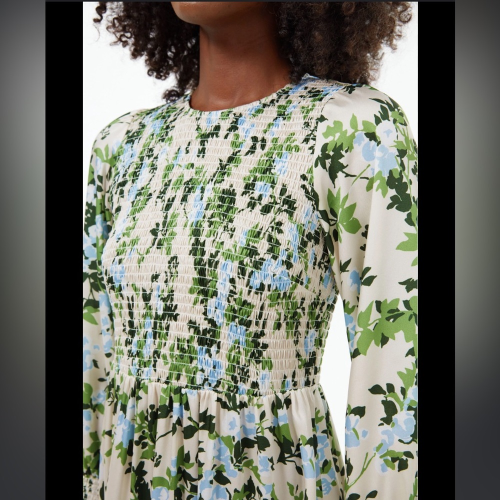 Tuckernuck - Beige w/ Blue & Green Floral Print Smocked Dress Sz XS - Picture 3 of 15